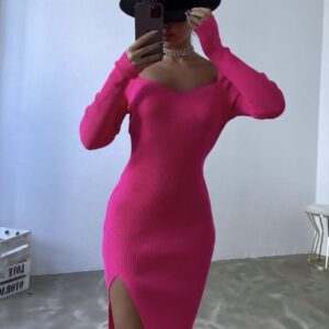 Midi πλεκτο φορεμα με σκισιμο στο πλαι ροζ